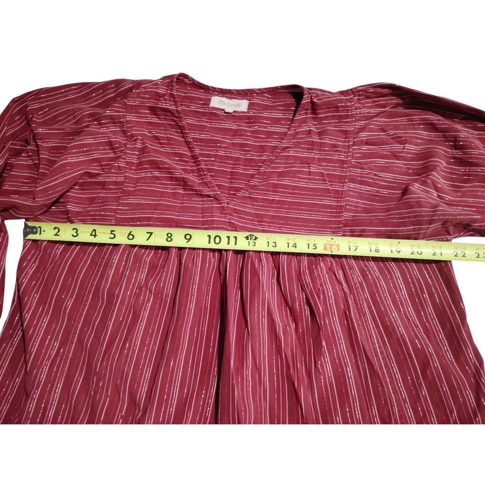 Madewell Maroon Metallic Striped V-Neck Balloon Sleeve Blouse Top XL Cotton - Picture 3 of 9